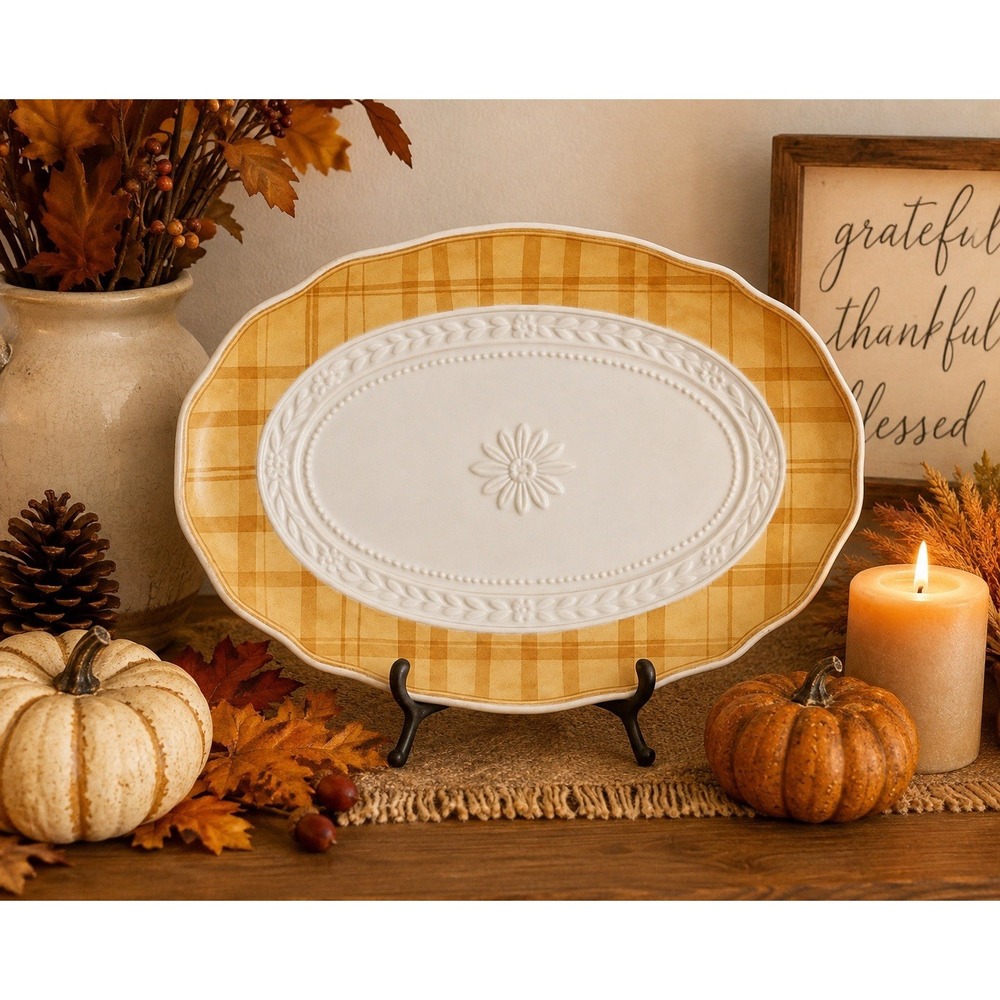Fitz & Floyd Platter Grand Haven Oval Scalloped Plaid Functional Decorative Fall